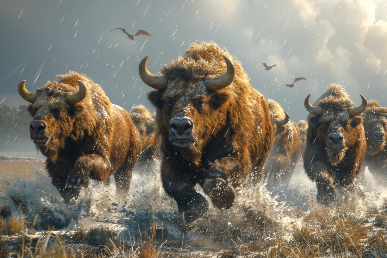 Buffalo running into a storm.