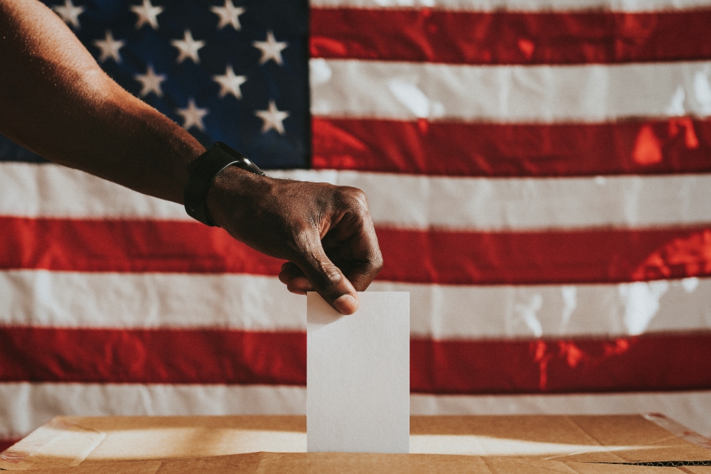 Hand reaches from the left of frame to insert ballot into voting box